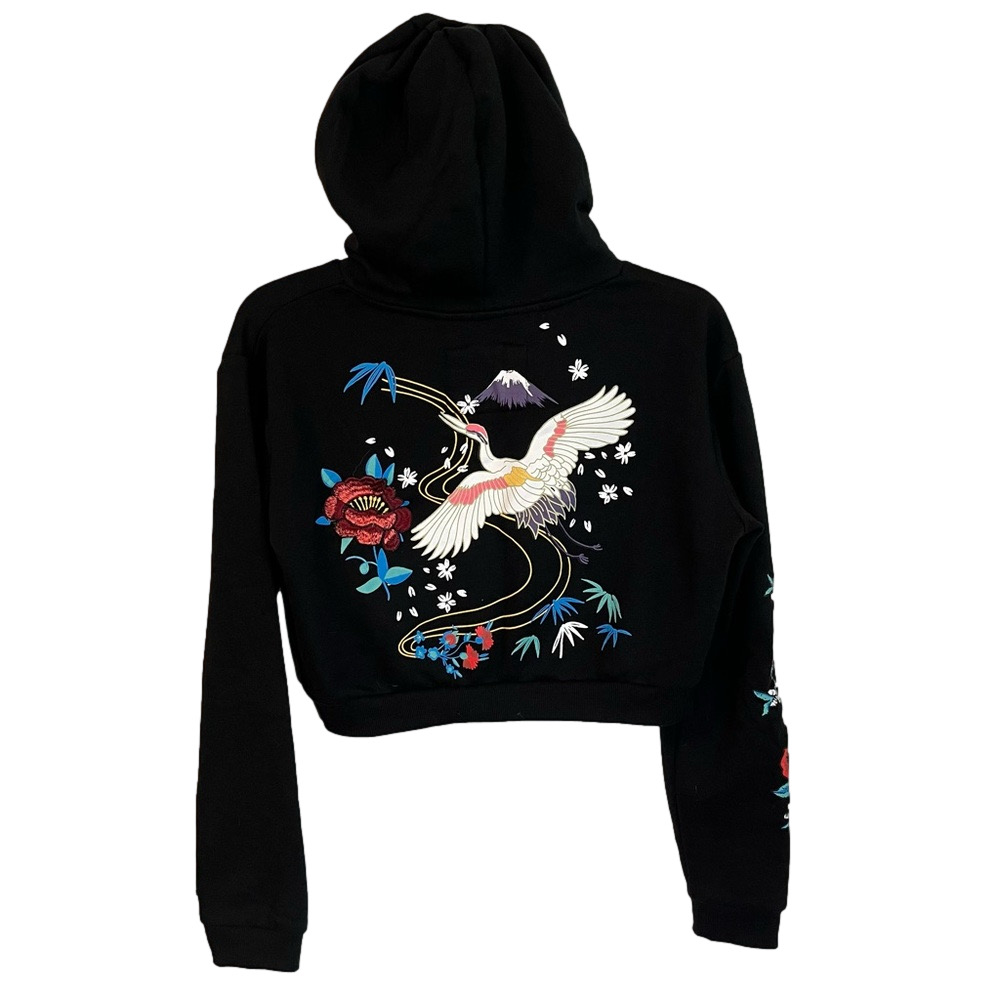 Amnesia Women’s Cropped Hoodie Embroidered Graphic Design Crane Print Back Small